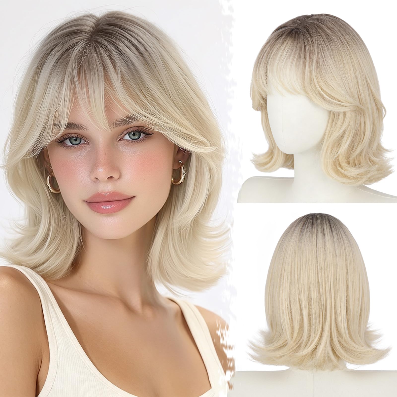 BARSDAR Soft Synthetic Short Layered Blonde Ombre Bob Wig with Wispy Bangs Blonde Ombre 13 Inch