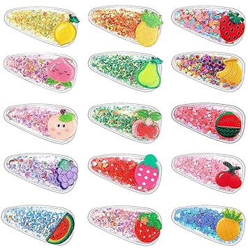 MJartoria 15 Pcs Snap Hair Clips Sparkle Fruit Transparent Hair Clips Quicksand Bling Sequin Hairpins Sweet Barrette Styling Accessories Gift for Children Girls