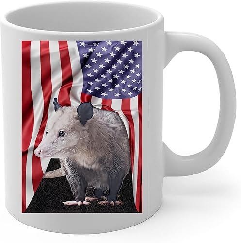 Miniatura 2 de Taza de café de cerámica blanca con diseño temático americano con zarigüeya, 11 onzas, regalos para amantes de los animales salvajes