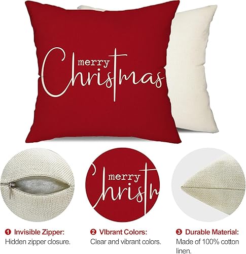 Miniatura 6 de Juego de 2 fundas de almohada navideñas de 16 x 16 pulgadas, decoración de casa de campo con texto en inglés "Merry Christmas", decoración navideña