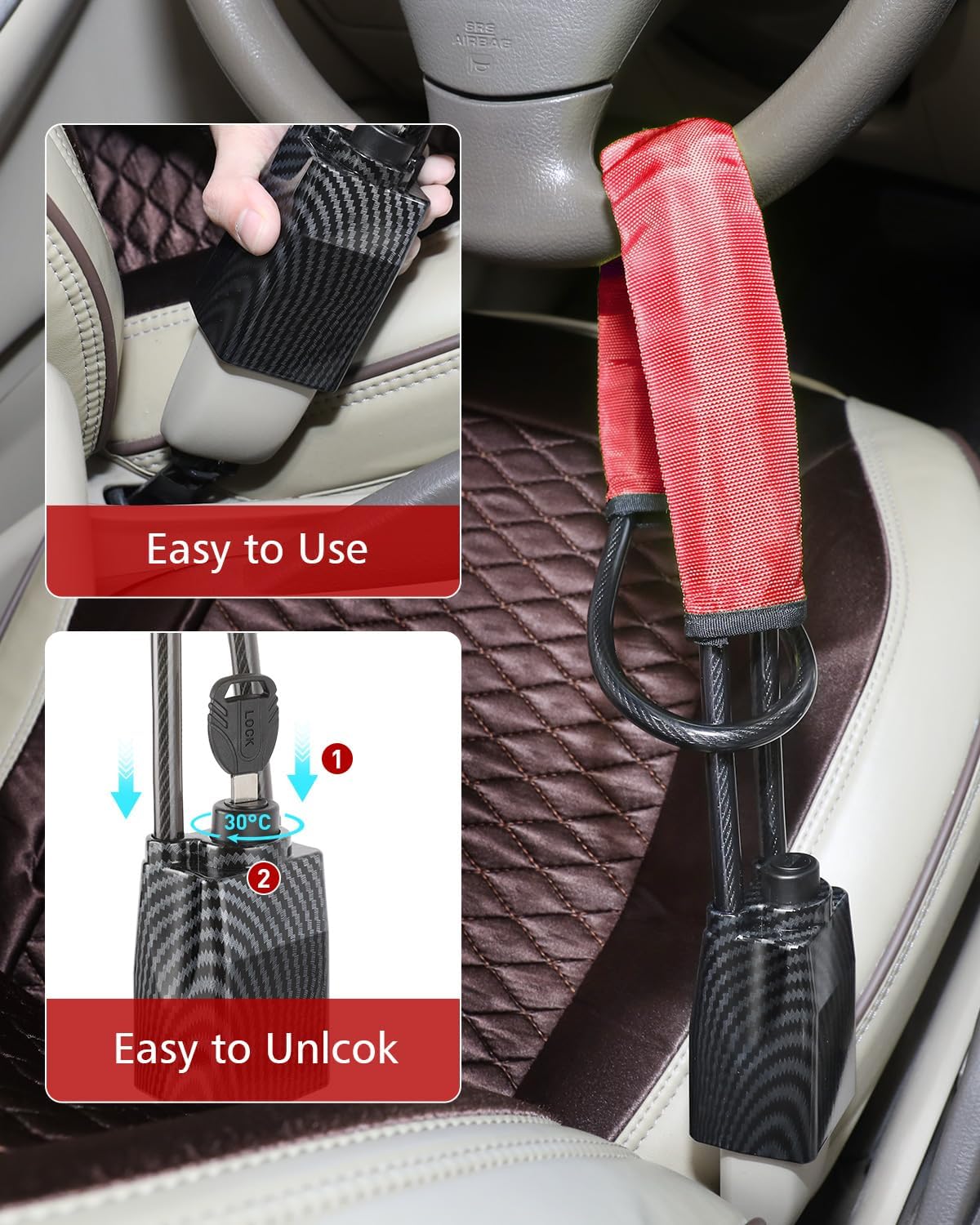 Upgraded car Steering Wheel Lock, seat Belt Lock and Anti-Theft Device, Water Transfer Printing Process, 3 Keys, Multi-Functional, Suitable for Most Vehicles, SUVs and Golf cart Security (red). RED2