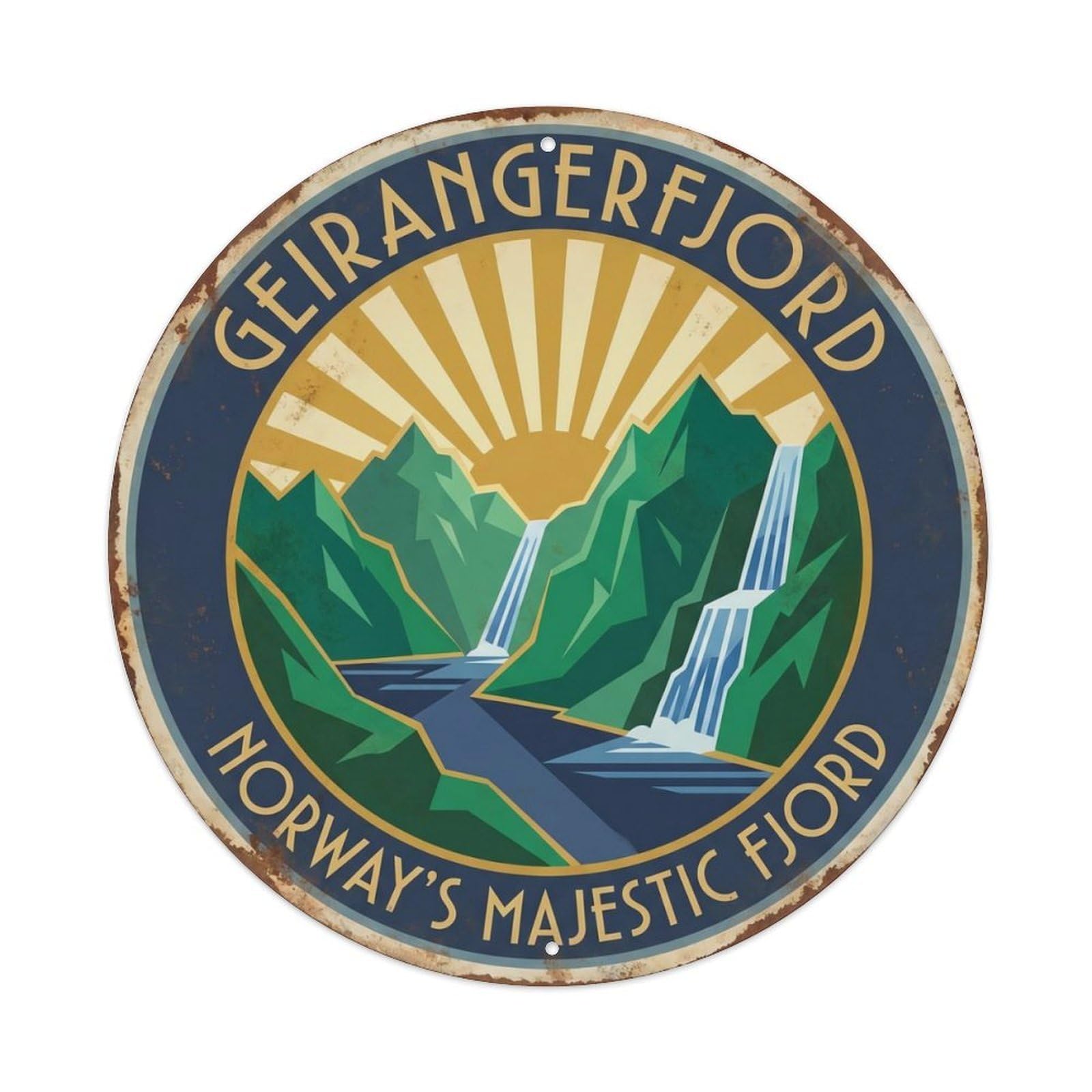 Vintage Travel Geirangerfjord Norway Fjord Metal Tin Sign Plaque Wall Decor for Cafe, Club Bar, Office, Home Garden Round Metal Poster 8x8Inch
