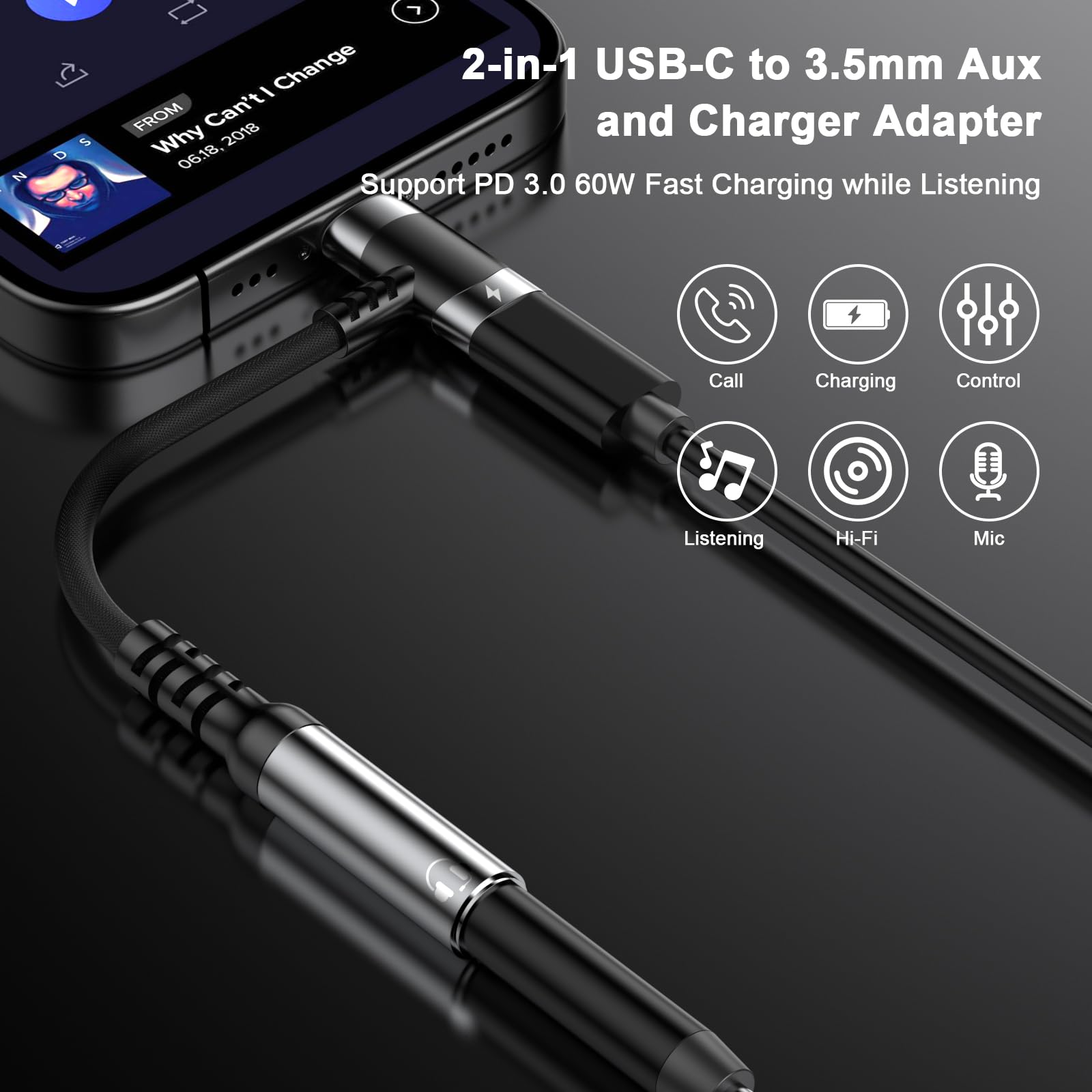 Headphone Adapter for iPhone 15 Pro Max, USB Type C to Aux Audio Jack Adapter with PD 60W Fast Charging Nylon Braided Cable Dongle for iPhone 15/15 Plus/15 Pro/15 Pro Max, iPad Pro, Galaxy S24/S23/S22
