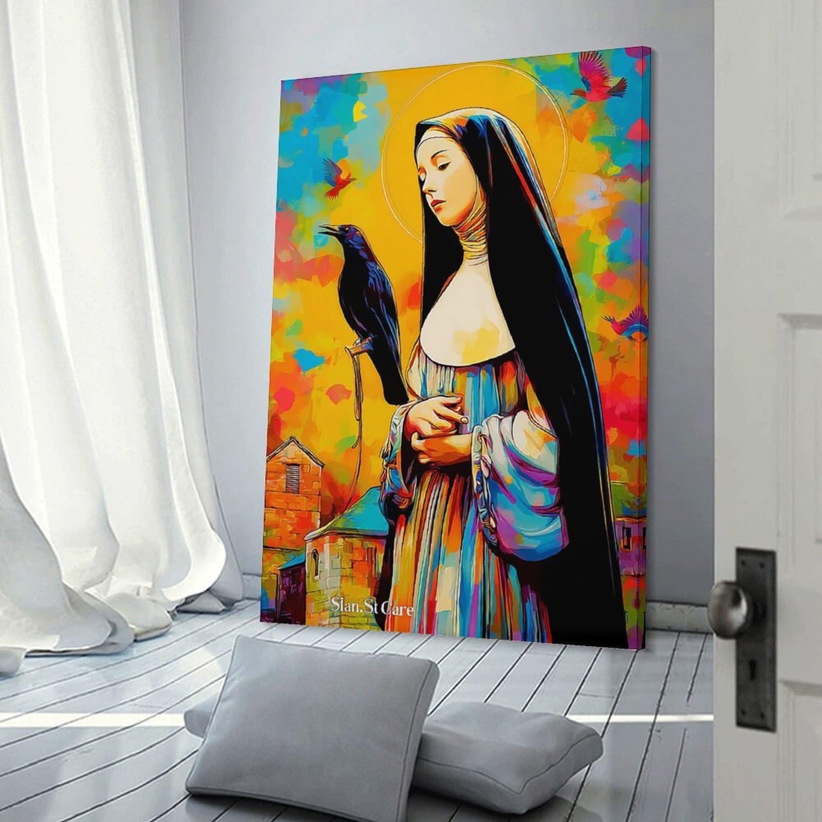 Junmoney Saintly Serenity A Colorful Portrait Canvas Art Print 08x12inch(20x30cm), for Calm Bedrooms, Home Corners Or Flats, An Easy Wall Refresh for Bedrooms