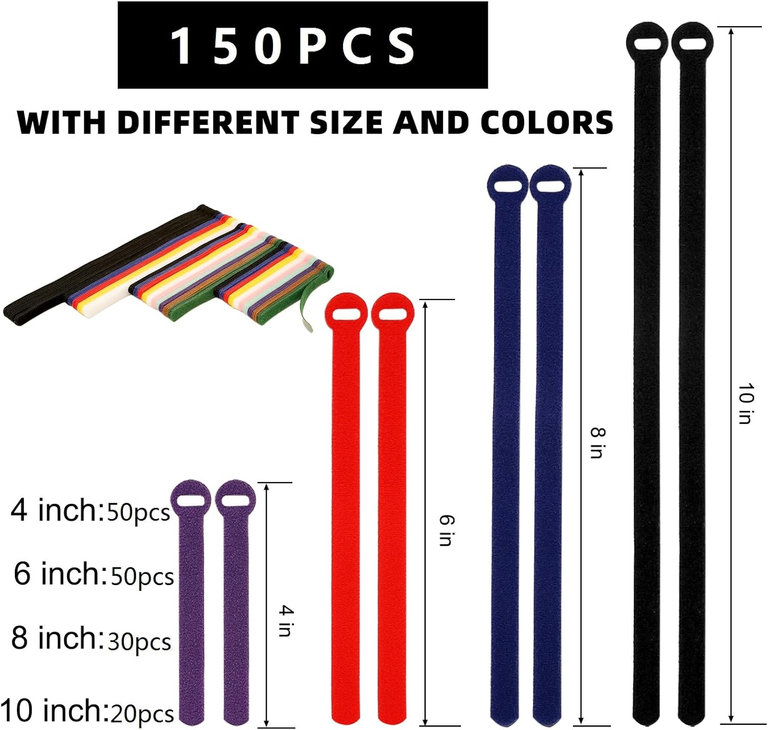 150PCS Cable Ties，4+6+8+10 Inch Reusable Cable Management, Multi-Purpose Adjustable Cord Organizer，Fastening Microfiber Cloth Hook and Loop Cable Organizer Wire Straps，Assorted Colors