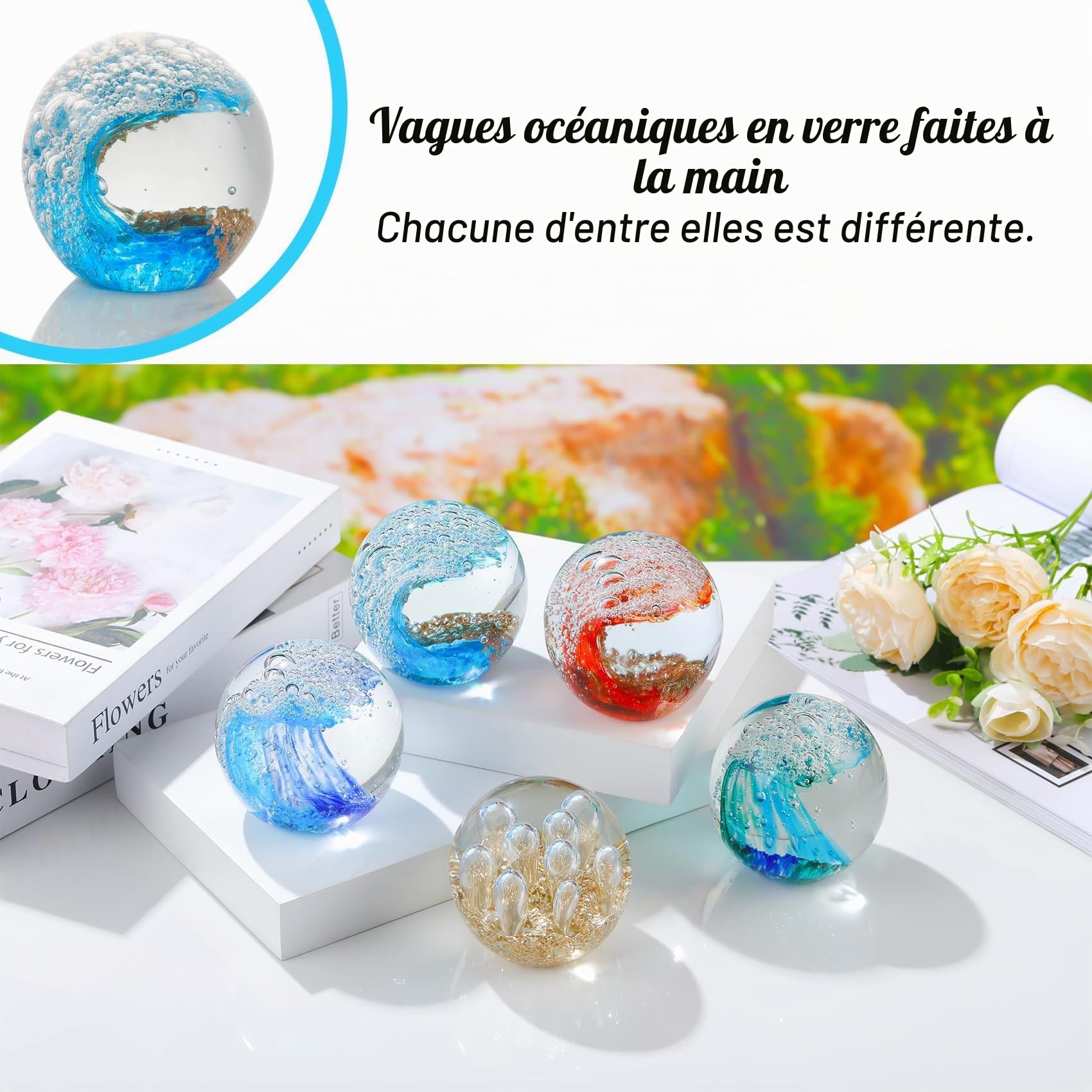 Presse-papier Boule en verre, Figurines en verre soufflé à la main Boule Vagues de l’océan, Décoration de maison, Collection, Décoration d’aquarium, Décoration de bureau pour les amoureux de l’océan