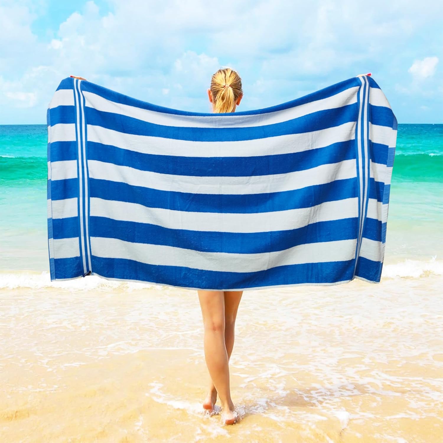 Organix Oversized Beach Towel 36"x72", Large Highly Absorbent Cabana Striped Pool Towels, 100% Ringspun Cotton Bathroom and Pool Towel 4 Pack, Adult Luxury Towels, Quick Dry Lightweight- Sky Blue