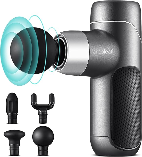Mini Massage Gun Deep Tissue, arboleaf Muscle Massage Gun 3000rpm, Quiet Muscle Gun Massager 4 Speeds, 0.37kg Portable Percussion Massage Gun for Muscle with 4 Silicone Massage Heads, Type C Charging