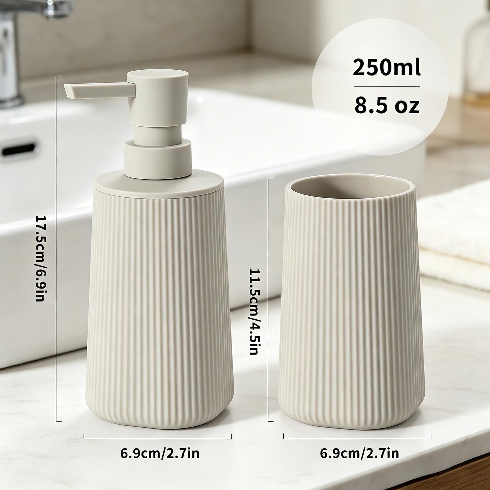 GAHEFY Juego de 2 accesorios de baño con dispensador de jabón de 250 ml y vaso para cepillo de dientes, diseño moderno de plástico ABS, para lavabo y bandeja de baño (beige)