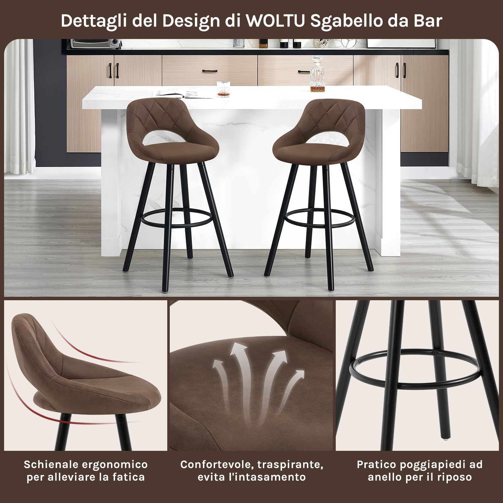 WOLTU Sgabelli da Cucina Set di 2, Sgabello da Bar per Colazione, Sgabelli Alti con Poggiapiedi e Schienale, Sedile in Tessuto Tecnico+Gambe in Legno, Marrone Scuro, BH291dbr-2