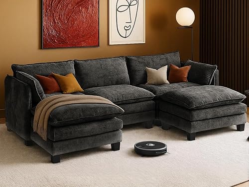 Sofá modular de 111 pulgadas en forma de L con sofá otomano de felpilla con almohada para sala de estar, dormitorio y apartamento, 5 asientos, color