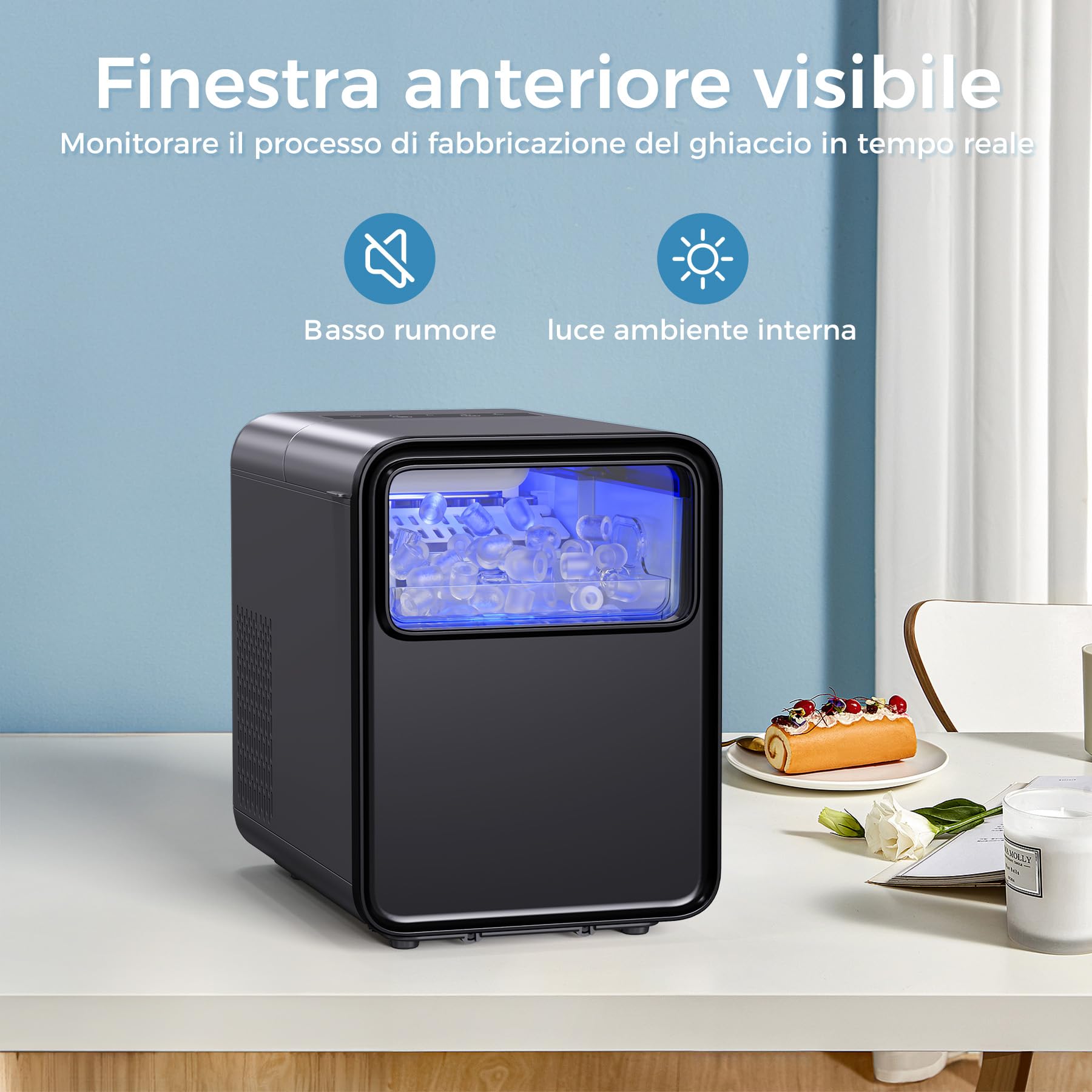 QEXREED Macchina per cubetto ghiaccio piccola 12 kg/24 h, 9 cubetto in 6 minuti, autopulente con paletta e cestello, 2 misure, nero