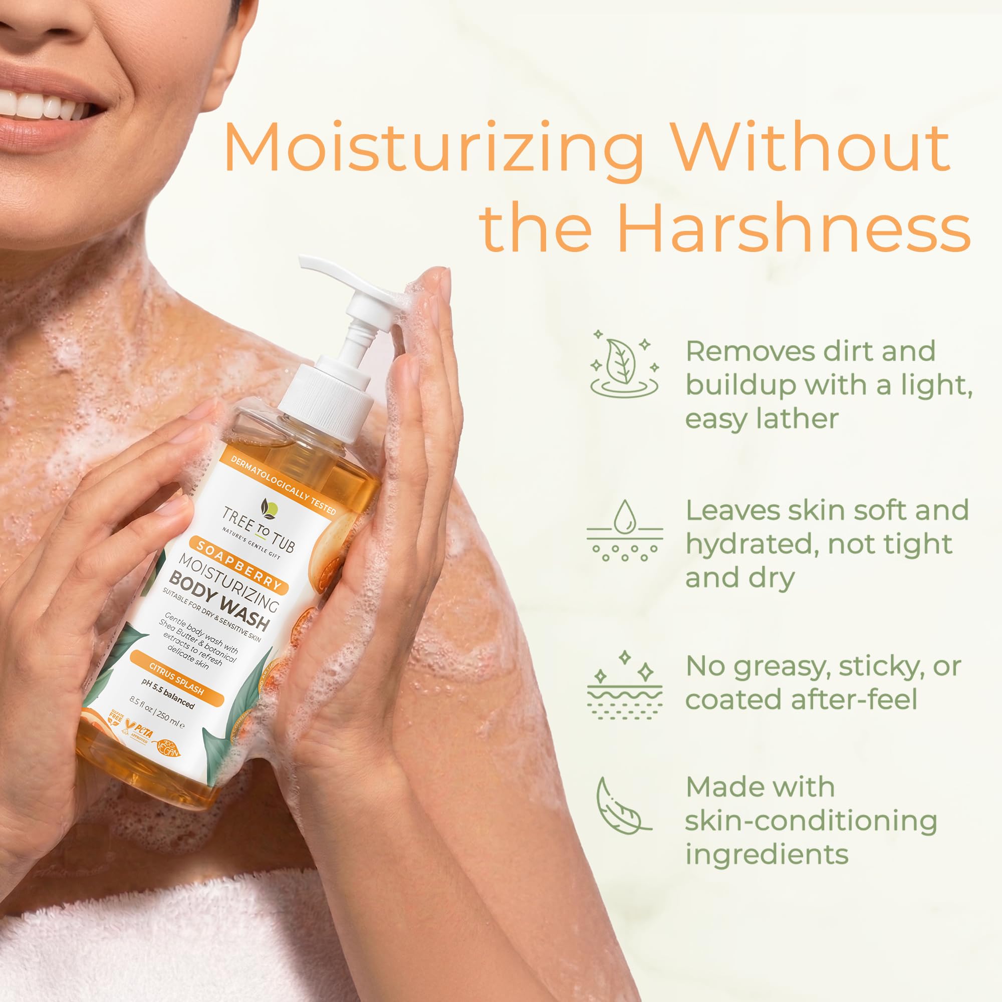 Tree To Tub Gel douche aux agrumes pour peaux sèches et sensibles – Gel douche hydratant au pH équilibré, savon hydratant sans sulfate pour homme et femme avec beurre de karité bio, aloe vera, baie de