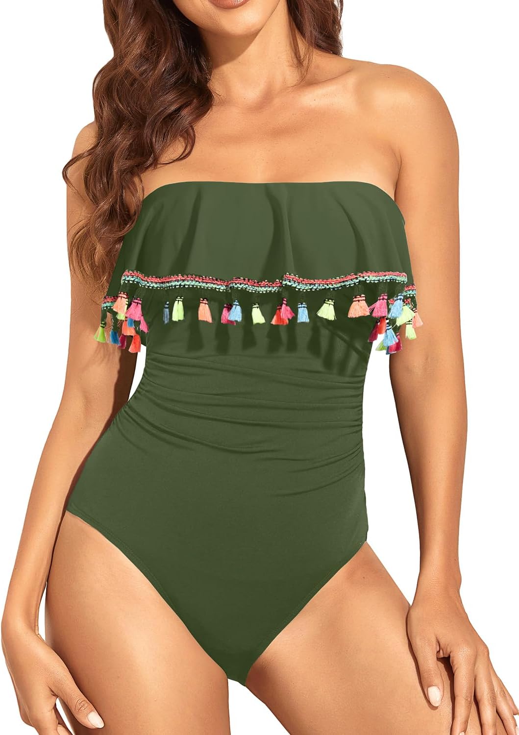 Holipick Strapless One Piece Swimsuits for Women Tummy Control Bandeau Bathing Suits Ruffle Slimming Swimwear - Image 3