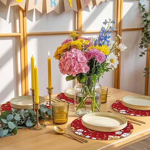 Miniatura 8 de Christams Round Placemats Set of 6 Red Merry Christmas Table Mats for Dining Table Decor Gold Balls Snowman Round Braided Placemats Heat Resistant