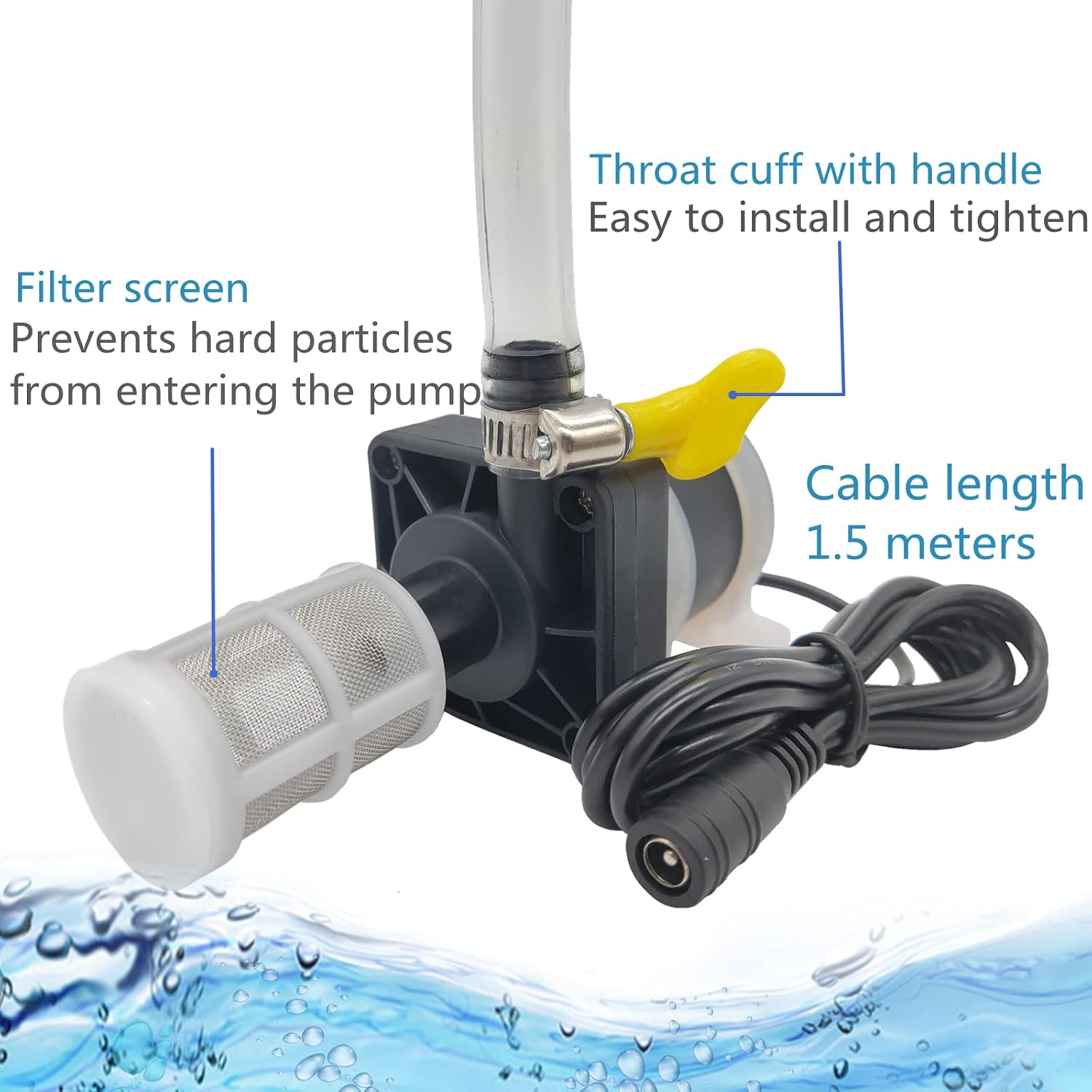 Image showing the pump with its filter screen, hose clamp, and 1.5-meter cable length clearly labeled.