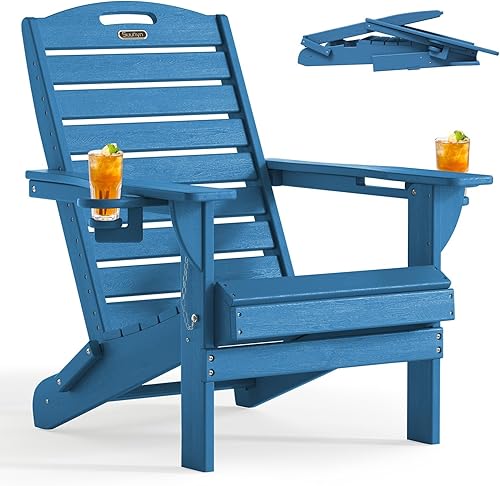 Miniatura 1 de Silla Adirondack plegable HDPE para todo tipo de clima, sillas Adirondack con soporte para tazas, sillas para hoguera al aire libre, silla de césped