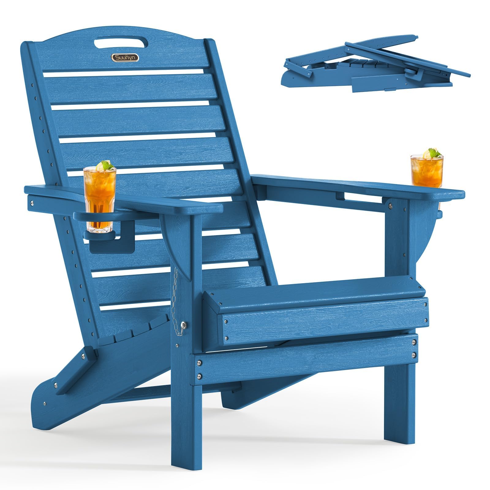 SUUNYN Folding Adirondack Chair HDPE All-Weather Adirondack Chairs with Cup Holder, Outdoor Fire Pit Chairs Lawn Chair for Deck Patio Garden (NavyBlue)