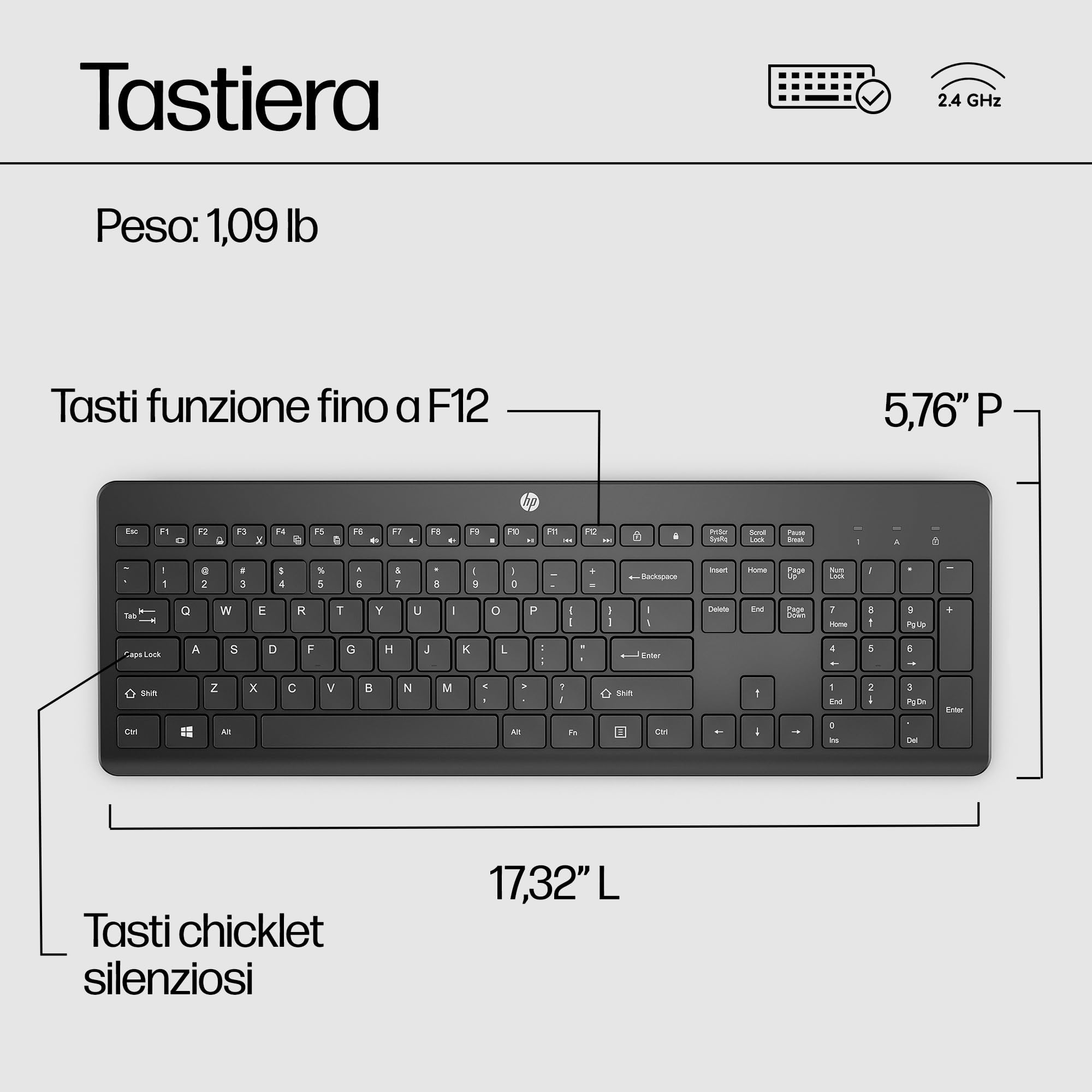 HP 230 Combo Tastiera e Mouse Wireless con Dongle USB-A a 2,4 GHz, Digitazione Silenziosa, Tasti Scelta Rapida e 12 Funzioni, Tastierino Numerico, Mouse a 1600 DPI, Rotella Scorrimento, Nera