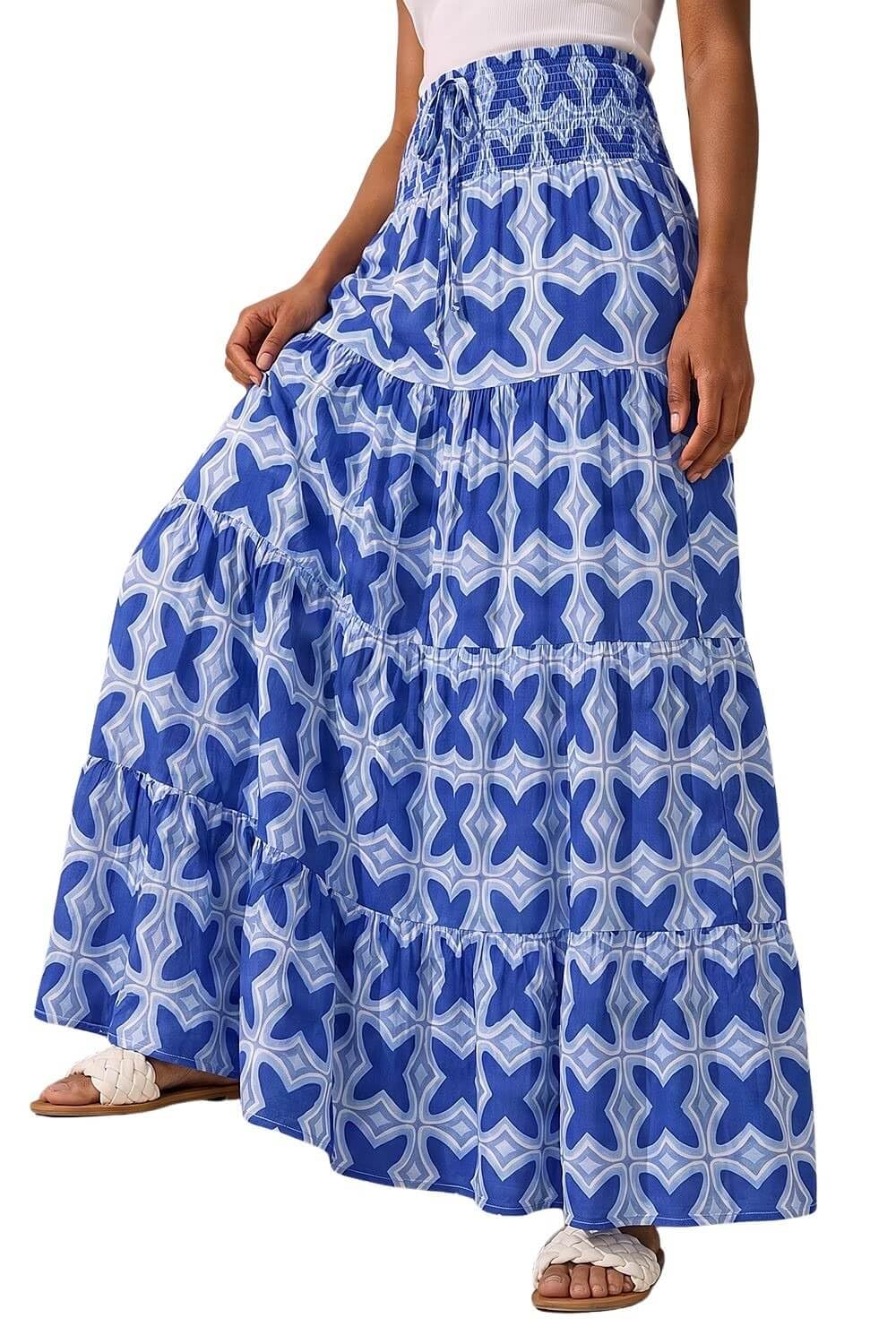 Roman Tile Print Shirred Maxi Skirt, Blue, Size 12, Women
