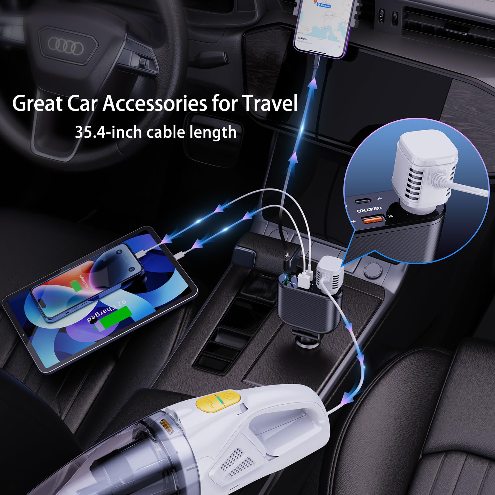 OHLPRO 5 en 1 Chargeur de Voiture Retractable, 168W Multi Prise Adaptateur Allume Cigare USB C, 5 Ports Dual Cable Rapide Charge PD3.0 Allume, Compatible avec iPhone,Samsung, Xiaomi, GPS, Tablette
