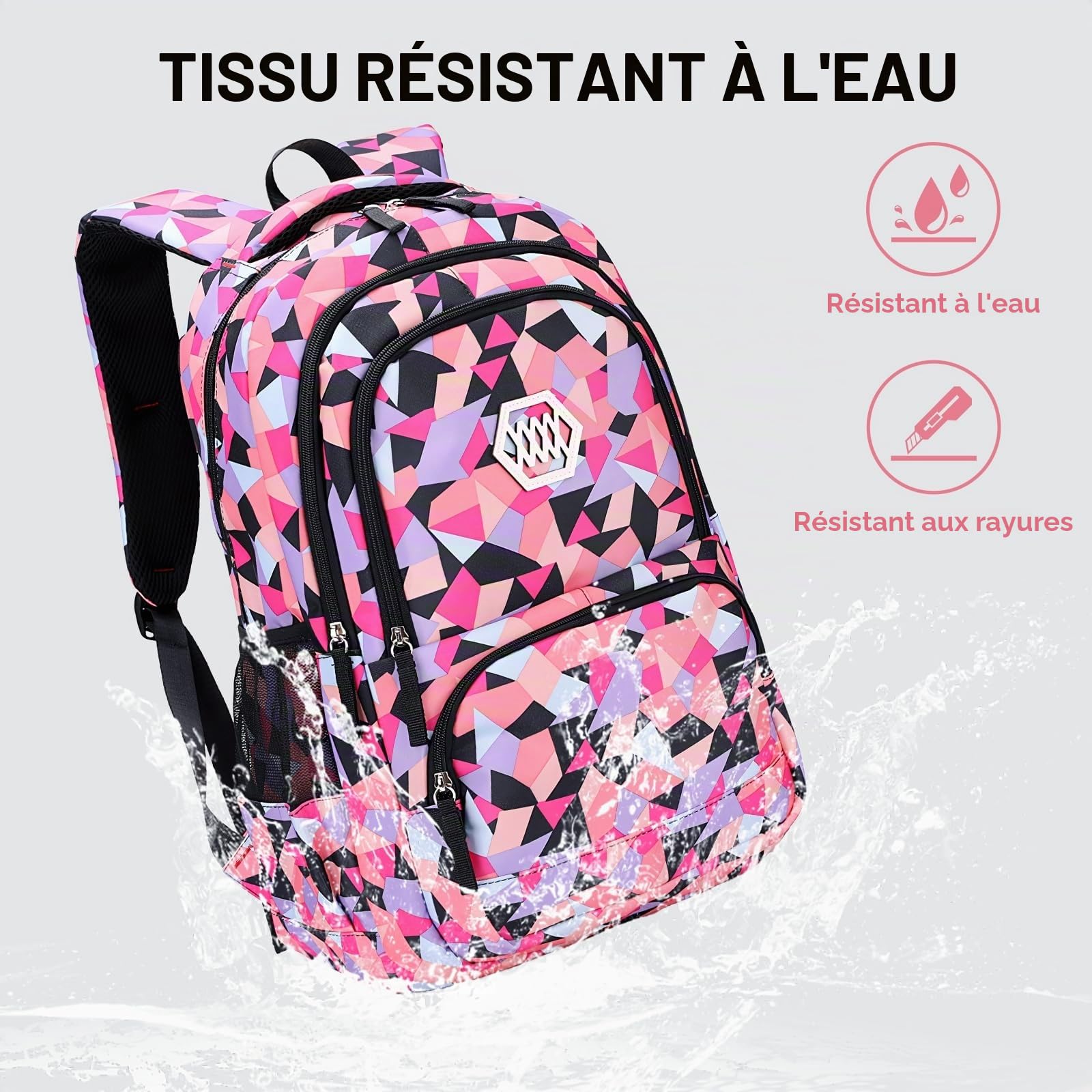 IvyH Sac à Dos Scolaire Set Fille 3 en 1 Cartable en Imperméable avec Sac à Crayons pour Enfant Adolescent Idéal pour l'École/Les Loisirs/Le Voyage/la randonnée