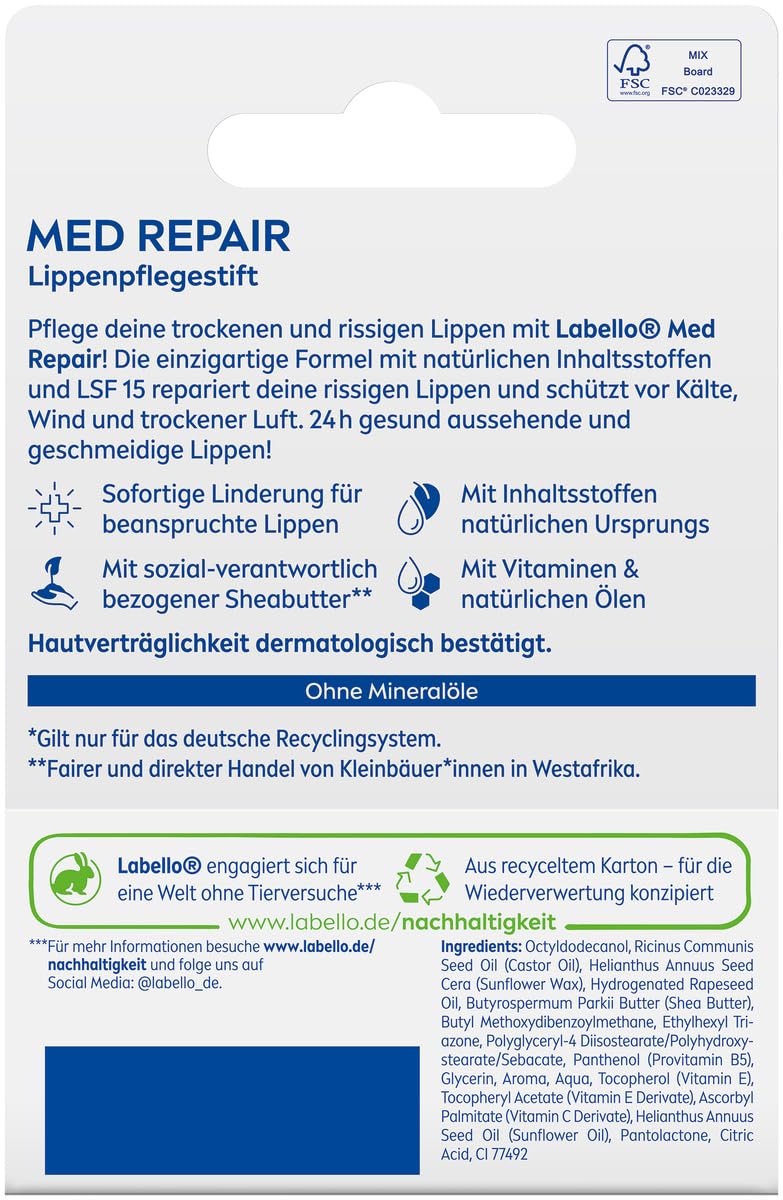 Labello Med Repair - Matita per la cura delle labbra, senza olio minerale, con SPF 15 e vitamina E, per labbra fragili, balsamo per labbra con burro di karitè e oli naturali (4,8 g)