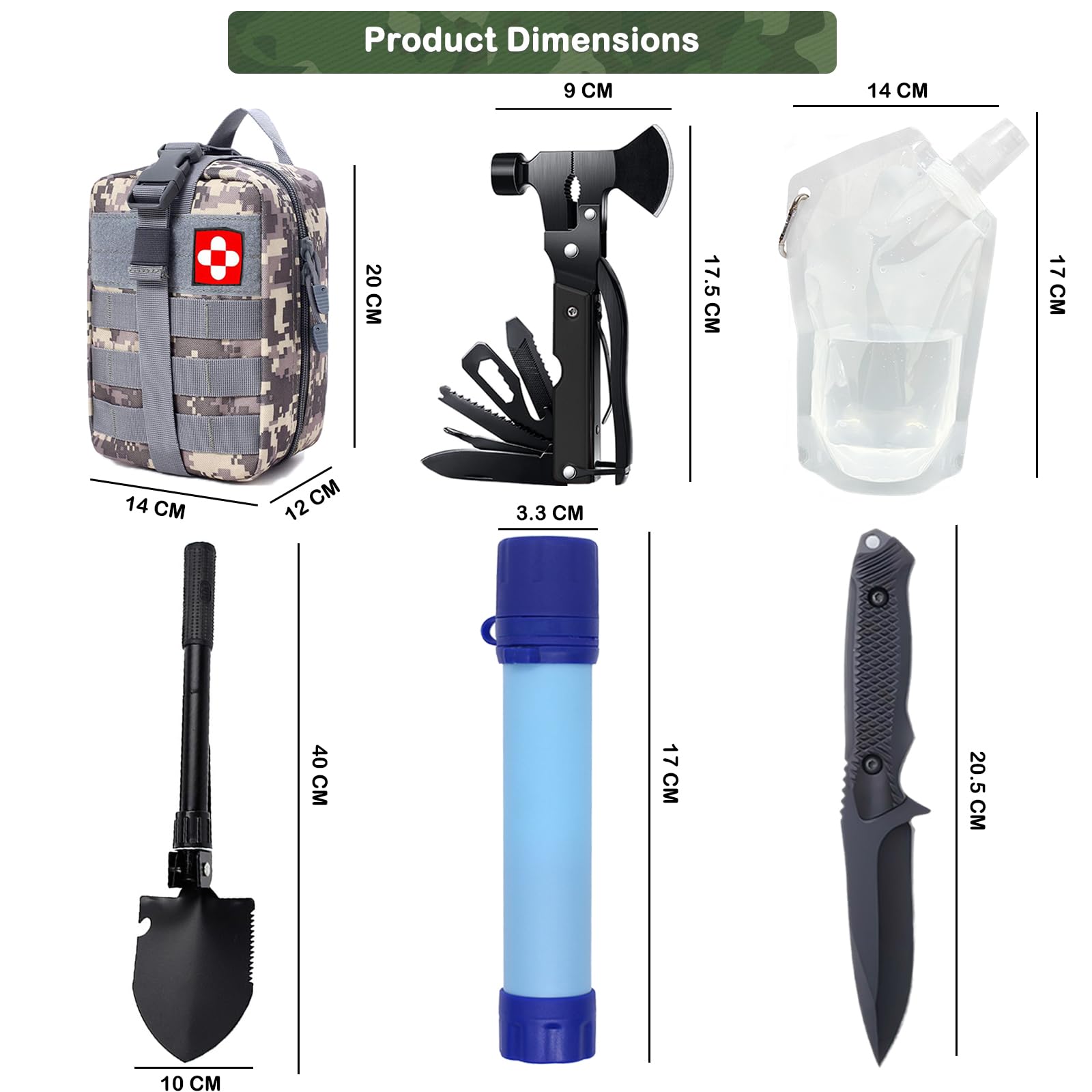 Kit de Supervivencia 22 en 1, Kit de Emergencia para Exteriores, Equipo de Supervivencia para Exteriores con Filtro de Agua para Exteriores, Bolsa de Agua para Camping, Senderismo (Camuflaje)