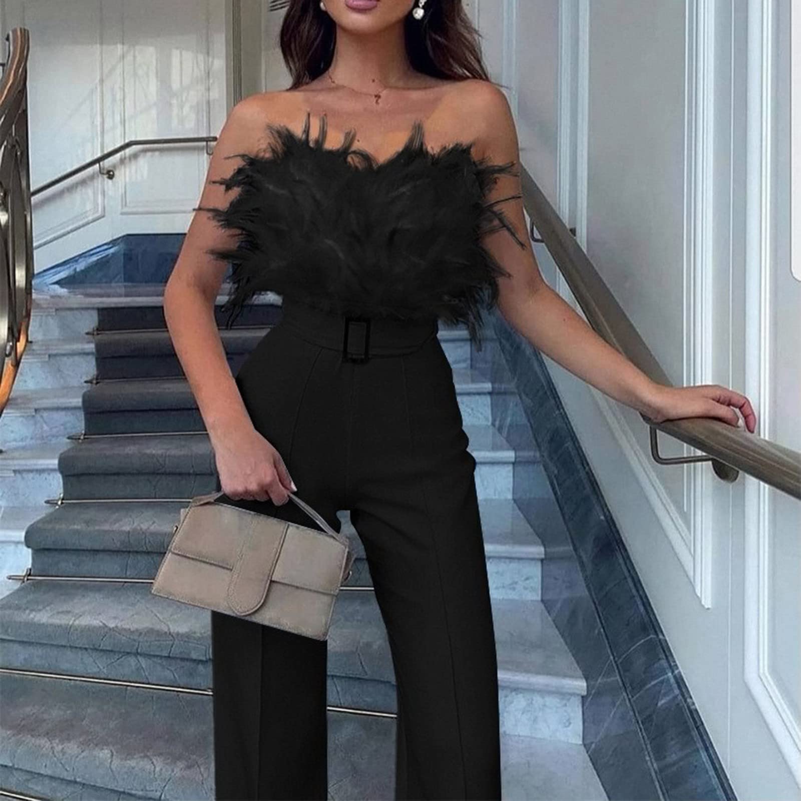 Générique Combinaison Pantalon Femme Bustier Plumes Taille Haute Jambe Large Ceinture Élégante Sexy Chic Soirée Cocktail Club Été Printemps Tenue De Fête Mariage Bal Cérémonie