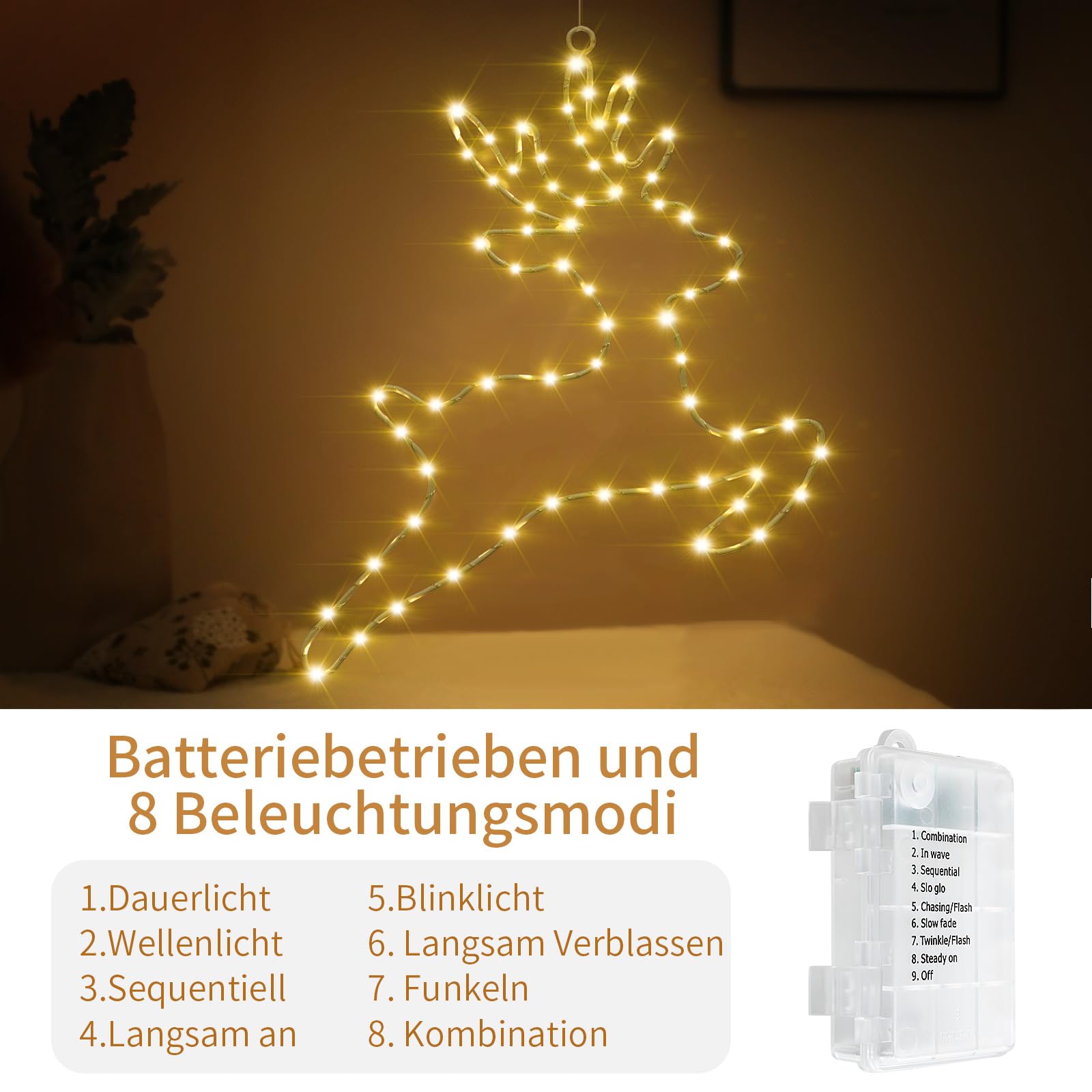 Oświetlone łańcuchy świetlne z reniferami, dekoracja bożonarodzeniowa, 2 sztuki, 80 diod LED, zasilanie bateryjne, oświetlenie bożonarodzeniowe, dekoracja okienna z timerem, 8 trybów