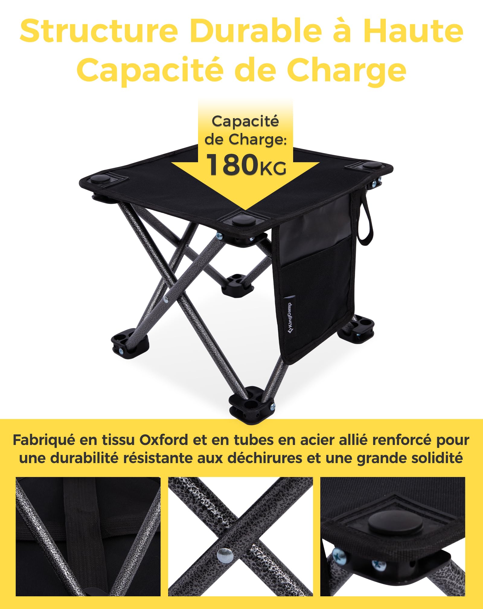 KingCamp Lot de 2 Tabourets de Camping Pliables jusqu'à 180 kg Noir | Légers 0,65 kg avec Assise Basse 28x28 cm, Format Compact et Sac de Transport pour Pêche, Jardin et Outdoor