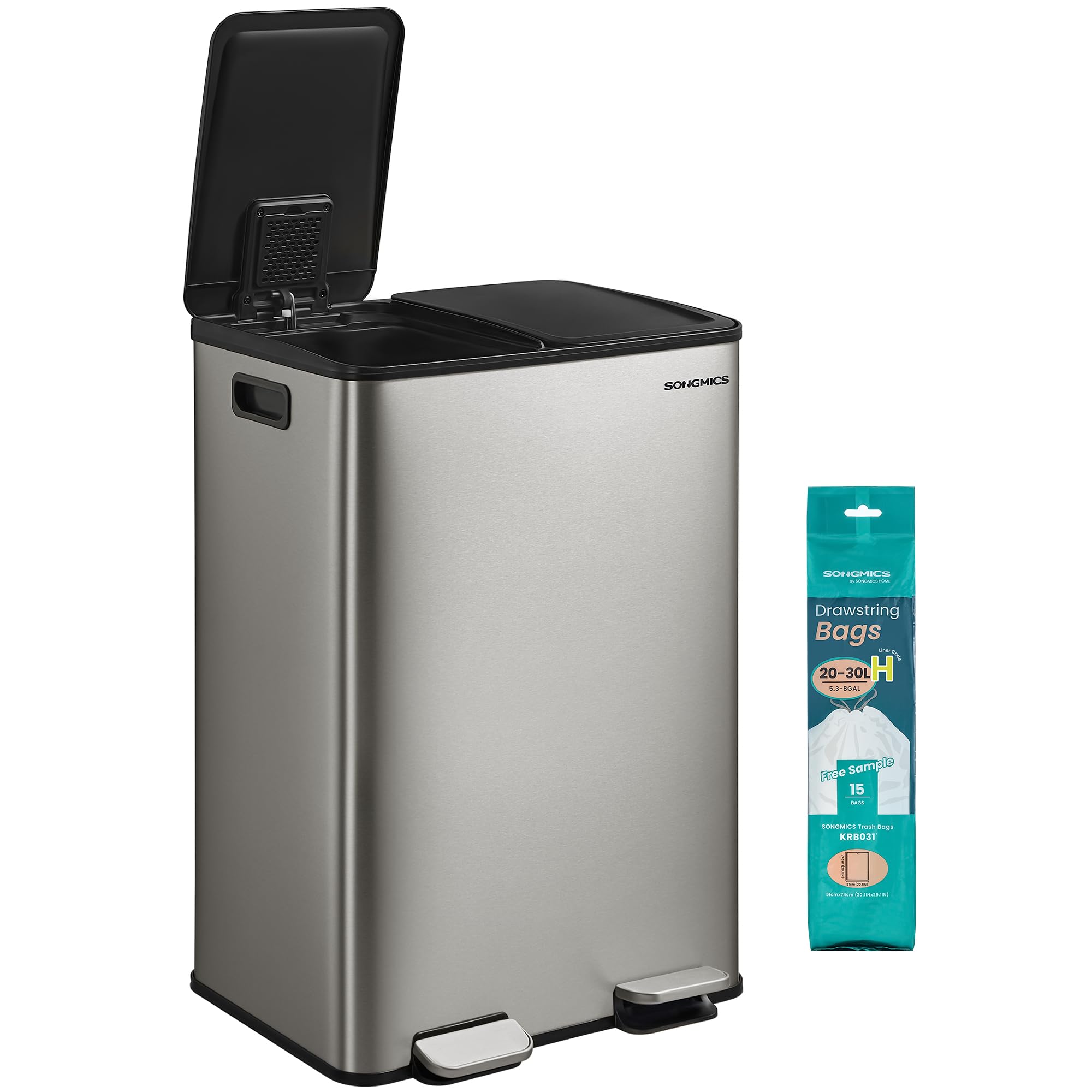 Dual compartment pedal bin with soft close lid, Silver