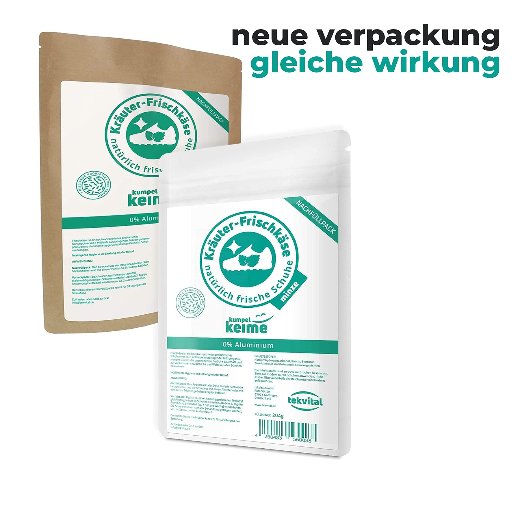 KUMPELKEIME Kräuter-Frischkäse Schuhdeo Minze Nachfüllpack | Das mikrobiologische Schuhpuder | Schuh-deo gegen Fuß-Geruch | 204 Gramm | 18 Monate neutrales Schuhklima