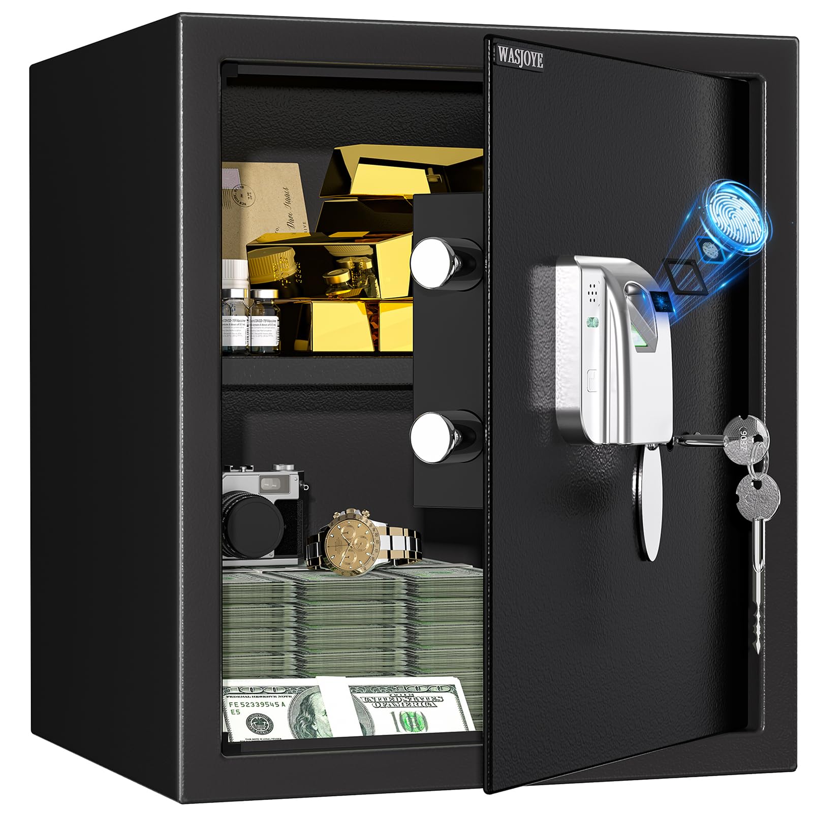 WASJOYE 43L Fingerprint Biometric Safe Box, Personal Home Security Safe with Safety Fingerprint Key Lock for Office Hotel Jewelry Gun Safe Storage (40 * 35 * 31cm)
