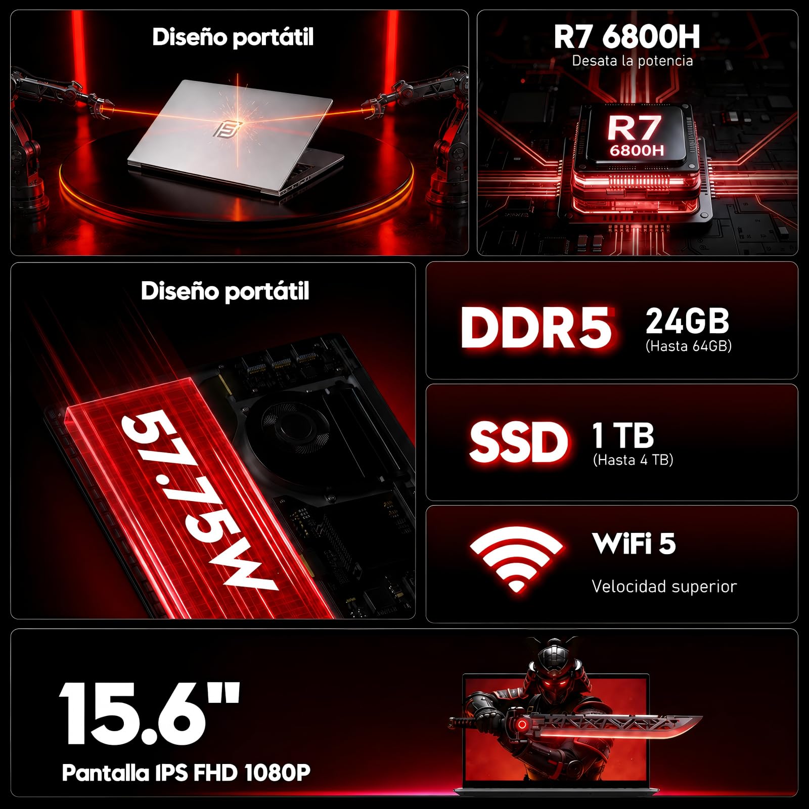 Portátil Gaming 15,6", R7 6800H, 32GB RAM, 1TB SSD, FHD, Win 11