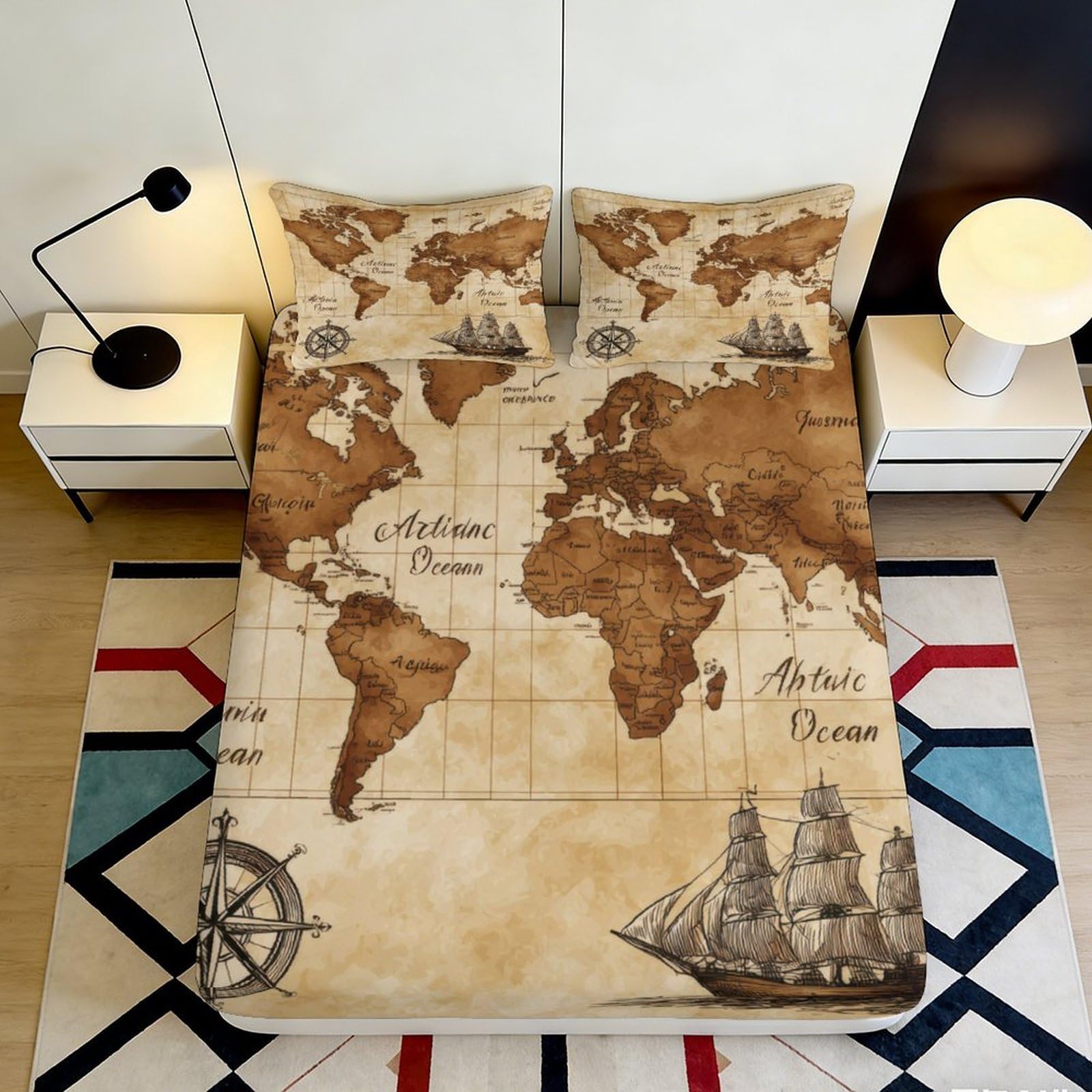 Jqzkxnhpbr Style-3 3D Printed Vintage World Map Fitted Sheet Microfiber Soft Antique Ship Bed Cover For Bedroom Dorm Mattress Decor 90X200x25cm