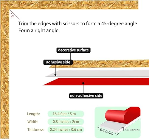 Miniatura 2 de Moldura de pared flexible, 16.4 pies, autoadhesiva, corona de moldura de techo, borde de gabinete, borde de marco de espejo, dorado
