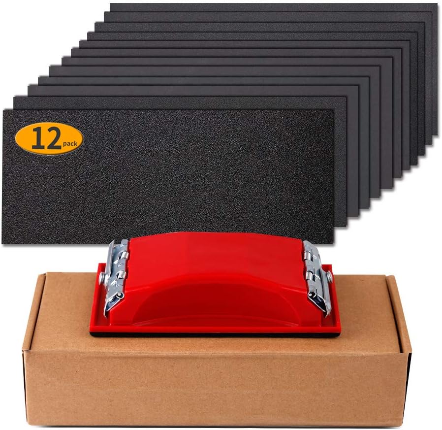 LANNEY Sand Paper, 120 to 2500 Fine Grit Sandpaper Assortment Pack with Sanding Block Sander, Wet Dry Waterproof Abrasive Sandpaper Sheets for Automotive Wood Metal Polishing Finishing, 9х3.6 Inch