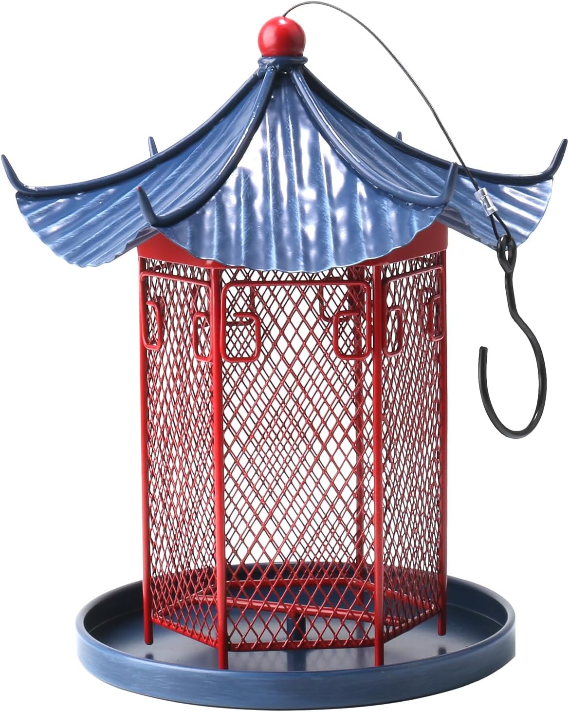 Chinese Style Metal Bird Feeder, Vintage Hanging Caged Bird Feeders for Outdoors, Garden Décor, for Patio, Balcony, and Yard, Large Capacity for Wild Birds, Hummingbird Feeder with Roof&Tray