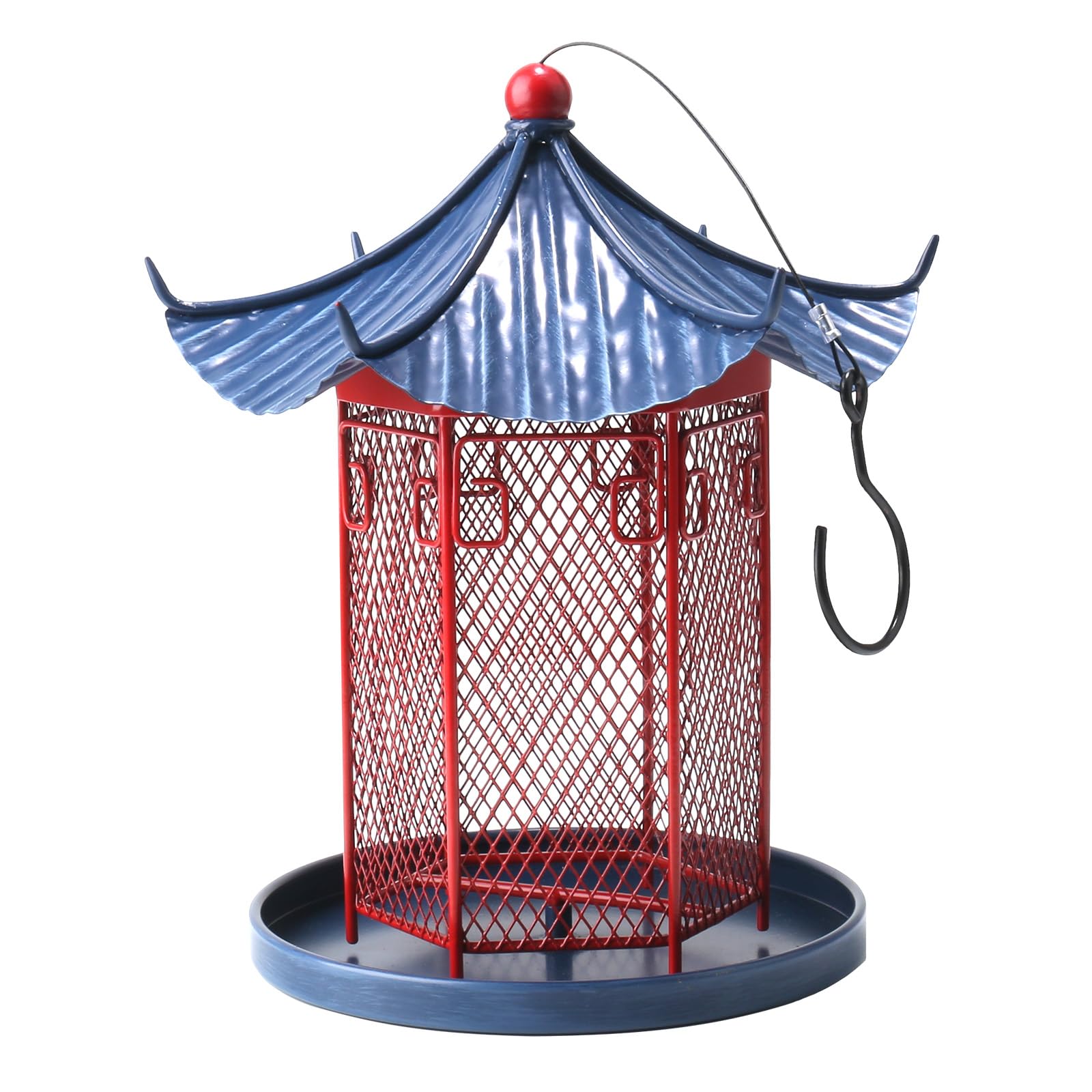 Chinese Style Metal Bird Feeder, Vintage Hanging Caged Bird Feeders for Outdoors, Garden Décor, for Patio, Balcony, and Yard, Large Capacity for Wild Birds, Hummingbird Feeder with Roof&Tray