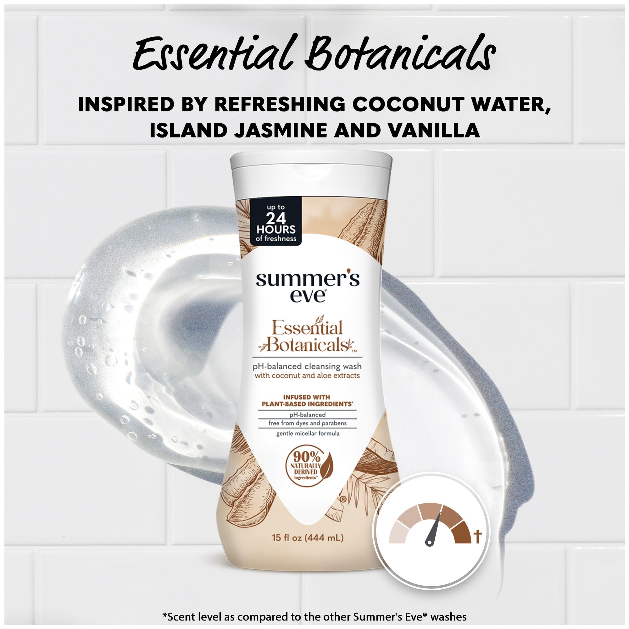 Summer’s Eve Essential Botanicals Daily Feminine Wash, Coconut Aloe, Gentle pH-Balanced Body Wash for Women, Feminine Care to Remove Vaginal Odor, Gynecologist Tested, 15 fl oz