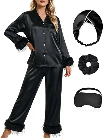 MORFORU Satin Pajama Set for Women Feather Trim PJs Bride Bridal Pajamas