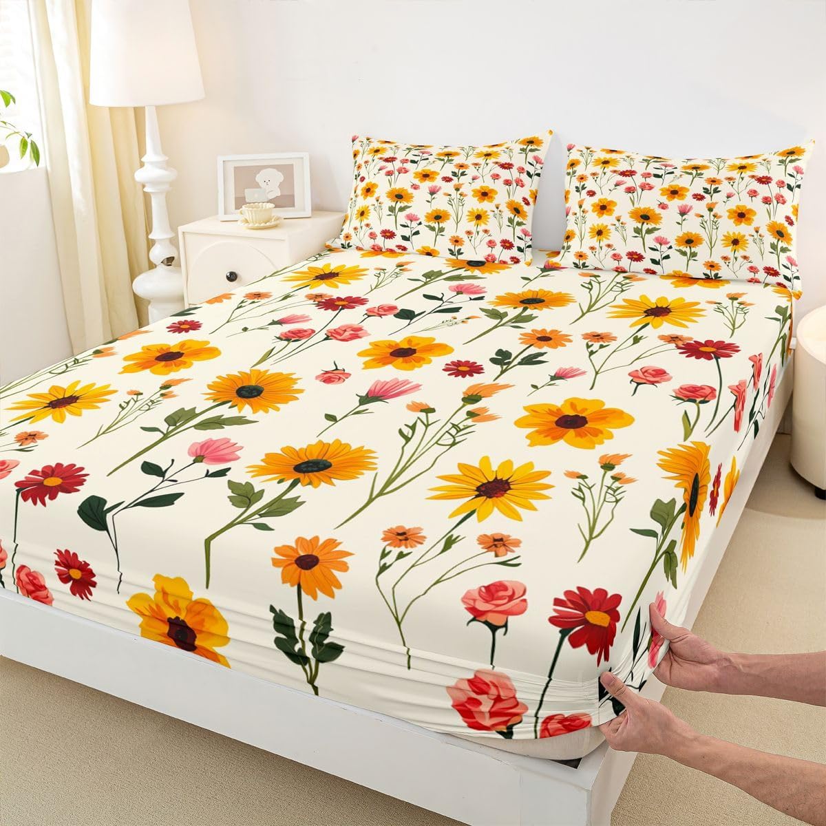 Erosebridal Yellow Sunflower Bed Sheets Twin Boho Plants Flowers Fitted Sheet Rustic Farmhouse Wild Floral Bedding Set for Kids Boys Girls,Bohemian Vintage Botanical Bed Cover 2 Pcs