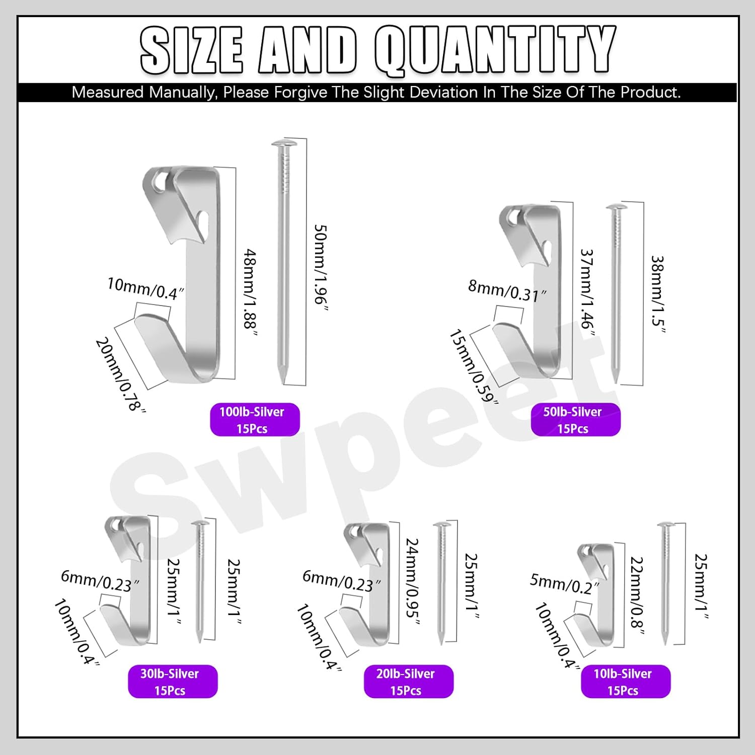 Swpeet 75Pcs 5 Sizes 10lb/20lb/30lb/50lb/100lb Silver Picture Hangers with Nails Assortment Kit, Metal Picture Hanging Hooks, Heavy Duty Frame Picture Hooks, Picture Hanging Hardware for Drywall