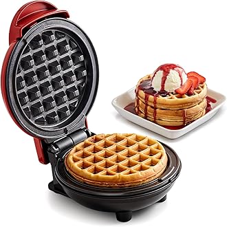 EWM015R Electric Nonstick 4.5-inch Mini Waffle Maker, Belgian Waffles, Compact Design, Hash Browns, Keto, Snacks, Sandwich, Eggs, Easy to Clean, Red