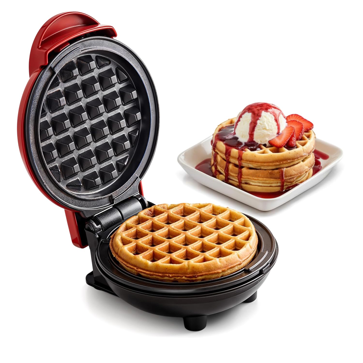 Elite Gourmet EWM015R Electric Nonstick 4.5-inch Mini Waffle Maker, Belgian Waffles, Compact Design, Hash Browns, Keto, Snacks, Sandwich, Eggs, Easy to Clean, Red
