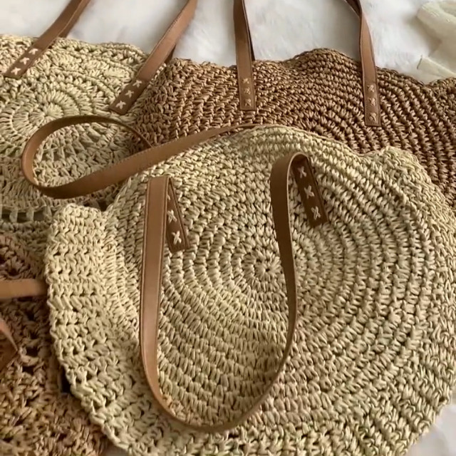 Bolso de paja redondo para verano, bolso tote grande de tejido grueso para playa, viaje y uso diario para mujeres (beige) miniatura 7