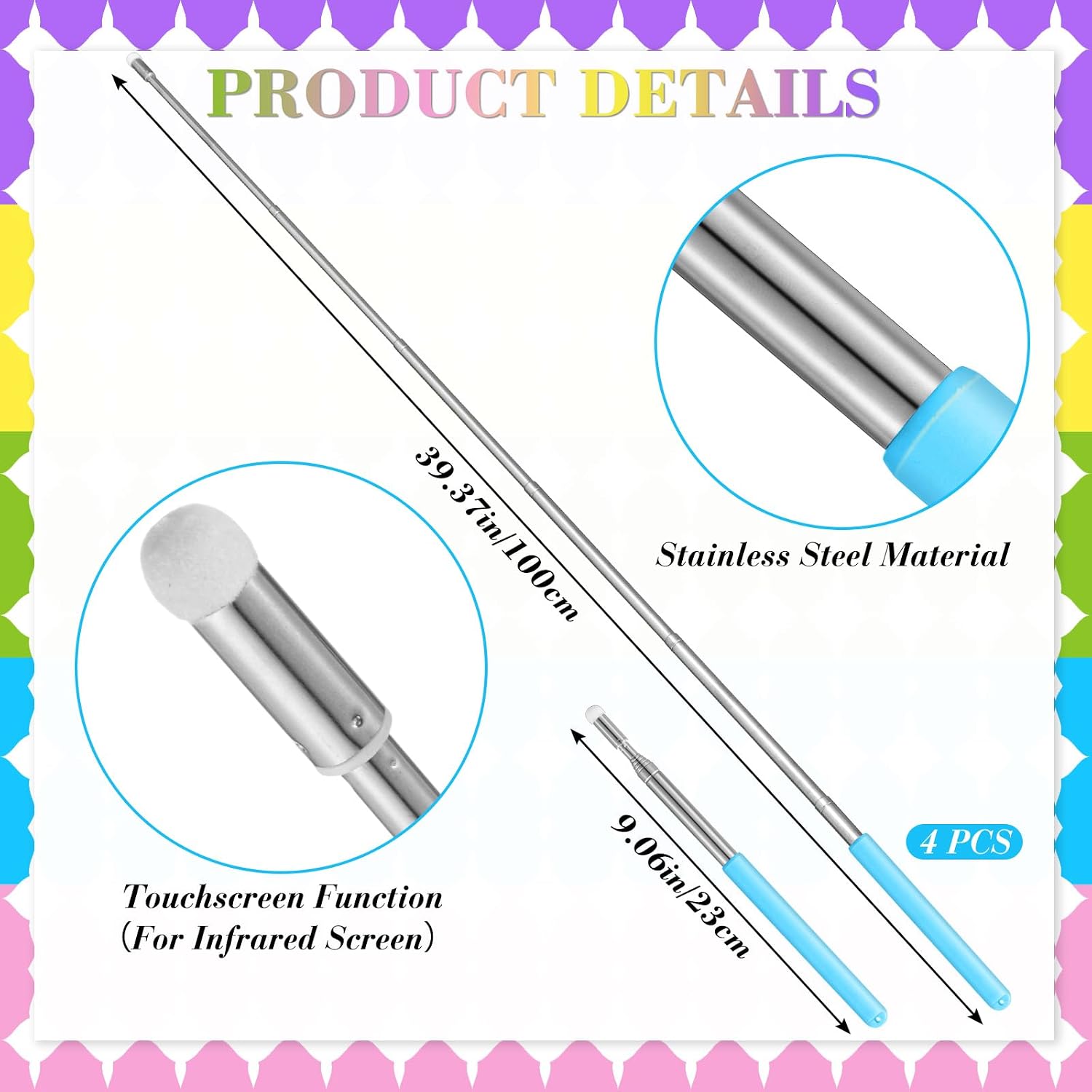 Fullhawl 4 Pcs Retractable Teacher Pointers, Telescopic Classroom Stick image 2
