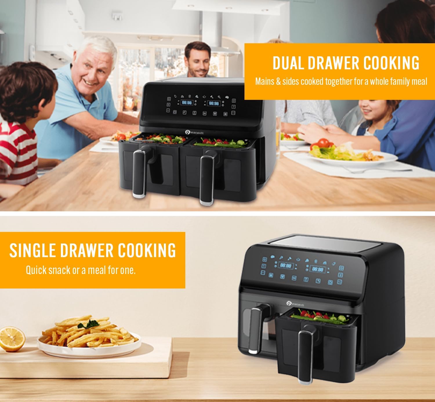 PureMate PM924 Air Fryer Dual and Single Drawer Cooking