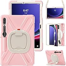 360 Rotation Case for Samsung Galaxy Tab S9+ 12.4 2023/S8+ /S7+/S7 FE,with Shoulder Strap S Pen Holder Rotatable Kickstand/Handle Rugged Silicone Case Pink